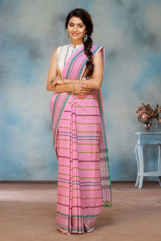 Chettinadu Cotton Saree In Yellow With Stripes.