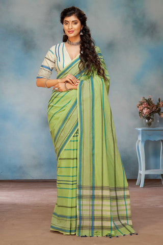 Chettinadu Cotton Saree In Yellow With Stripes.