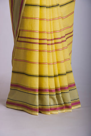 Chettinadu Cotton Saree In Yellow With Stripes.