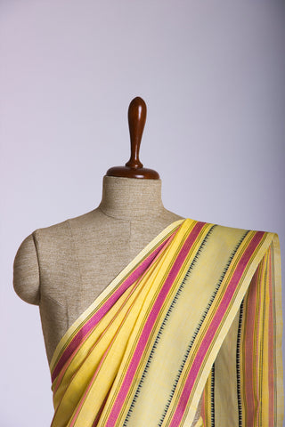 Chettinadu Cotton Saree In Yellow With Stripes.