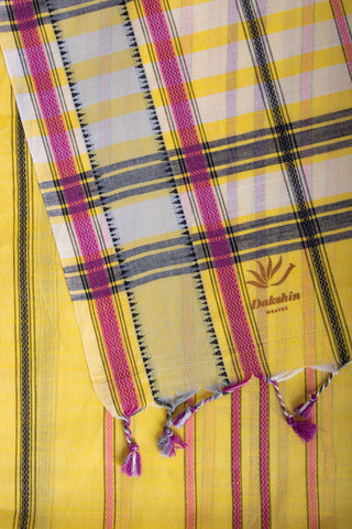 Chettinadu Cotton Saree In Yellow With Stripes.