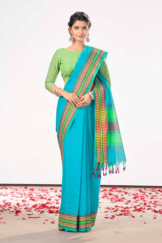 Chettinadu Cotton Saree In Ruby With Contrast Thread Border.