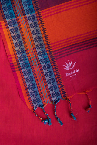 Chettinadu Cotton Saree In Ruby With Contrast Thread Border.