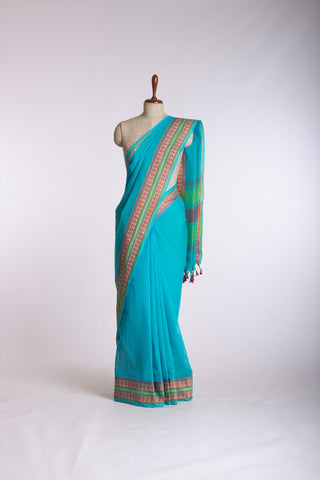 Chettinadu Cotton Saree In Ruby With Contrast Thread Border.