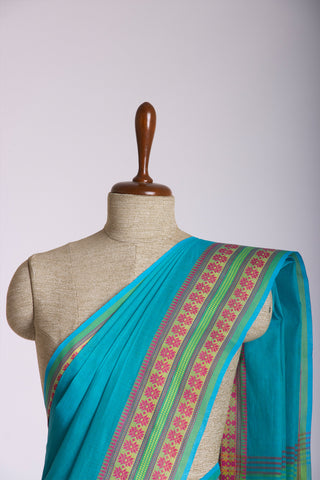 Chettinadu Cotton Saree In Ruby With Contrast Thread Border.