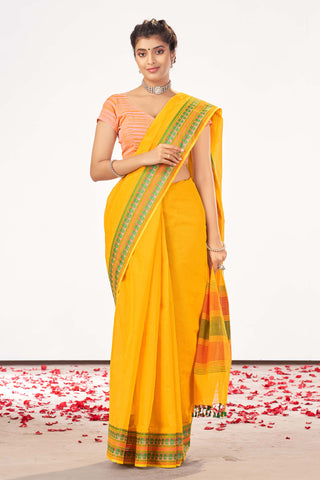 Chettinadu Cotton Saree In Ruby With Contrast Thread Border.