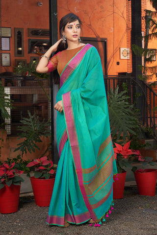 Embose Cotton Saree In Orange With Soft Amber