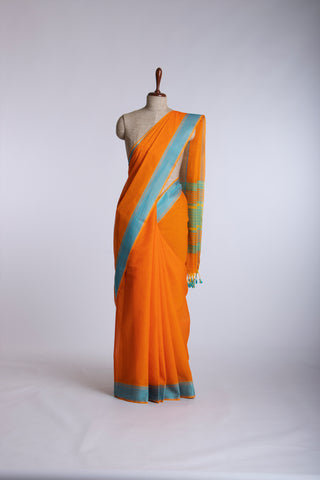 Embose Cotton Saree In Orange With Soft Amber