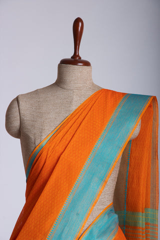 Embose Cotton Saree In Orange With Soft Amber