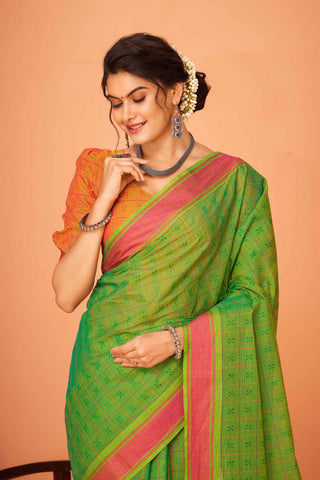 Embose Cotton Checks Saree With All Over Self Buta.