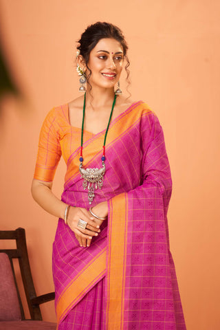 Embose Cotton Checks Saree With All Over Self Buta.