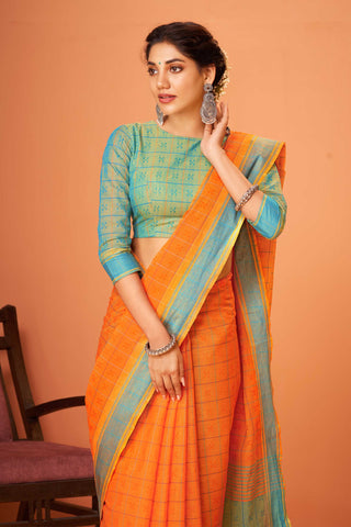 Embose Cotton Checks Saree With All Over Self Buta.