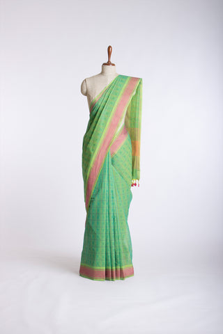 Embose Cotton Checks Saree With All Over Self Buta.