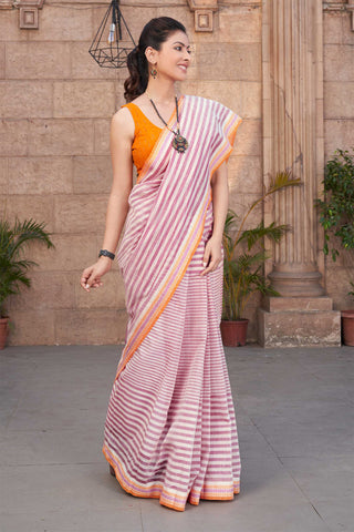 Kanchi cotton saree with lines print with texture