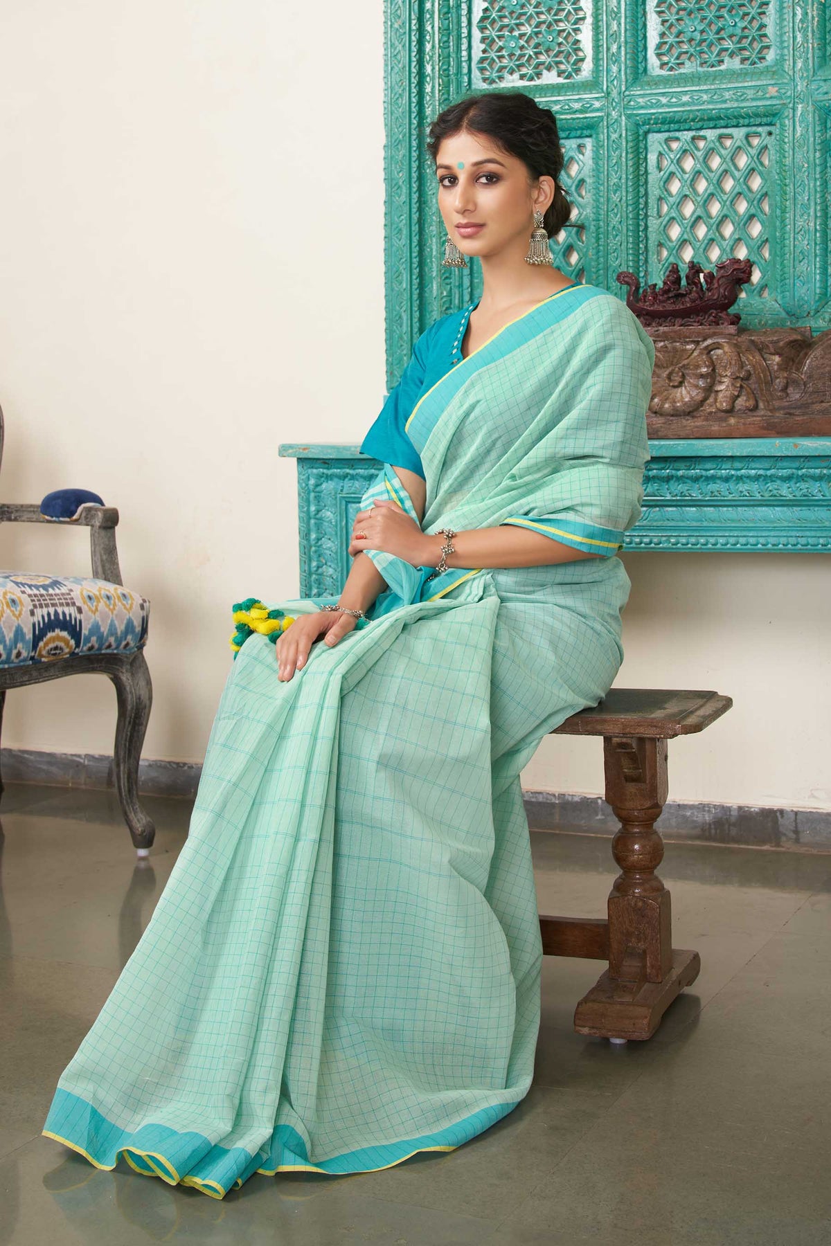 Kanchi Cotton Checks Printed Saree With Texture.