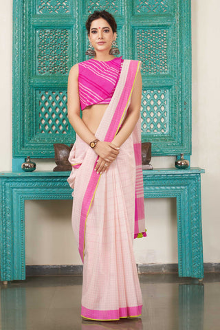 Kanchi Cotton Checks Printed Saree With Texture.