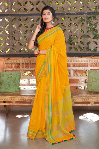 Kanchi Cotton Weaving Border Saree With Stripes Print.