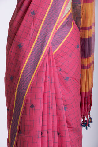 Kanchi cotton checks and butta weaving saree with texture