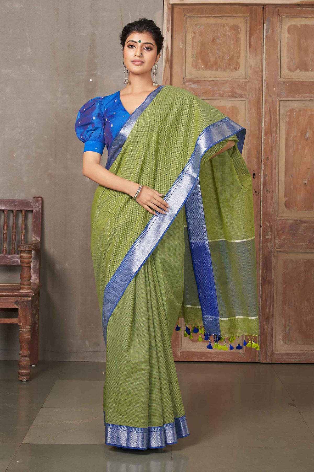 Mangalagiri cotton saree with silver jari border