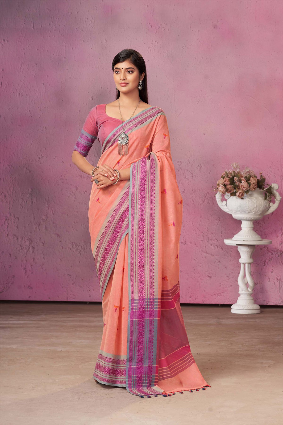 Uppada Cotton Saree With Flower Butta Weaving