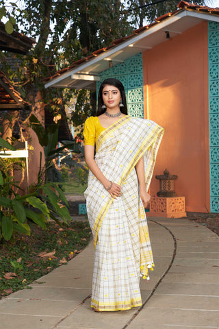 Venkatagiri cotton saree with allover checks and rudrakha butties