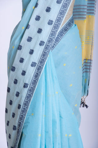 Sky Blue Venkatagiri Cotton Big Border with Butta Motif Weaving Saree