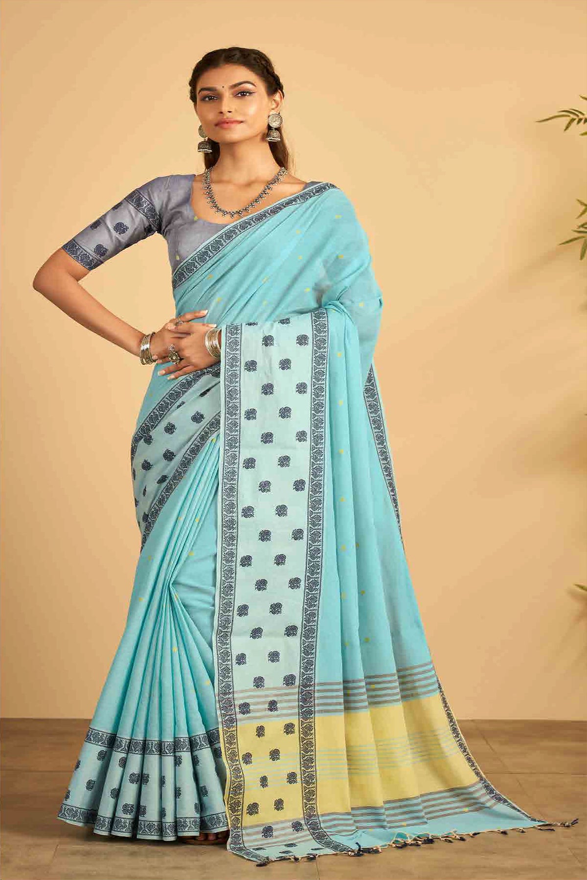 Sky Blue Venkatagiri Cotton Big Border with Butta Motif Weaving Saree