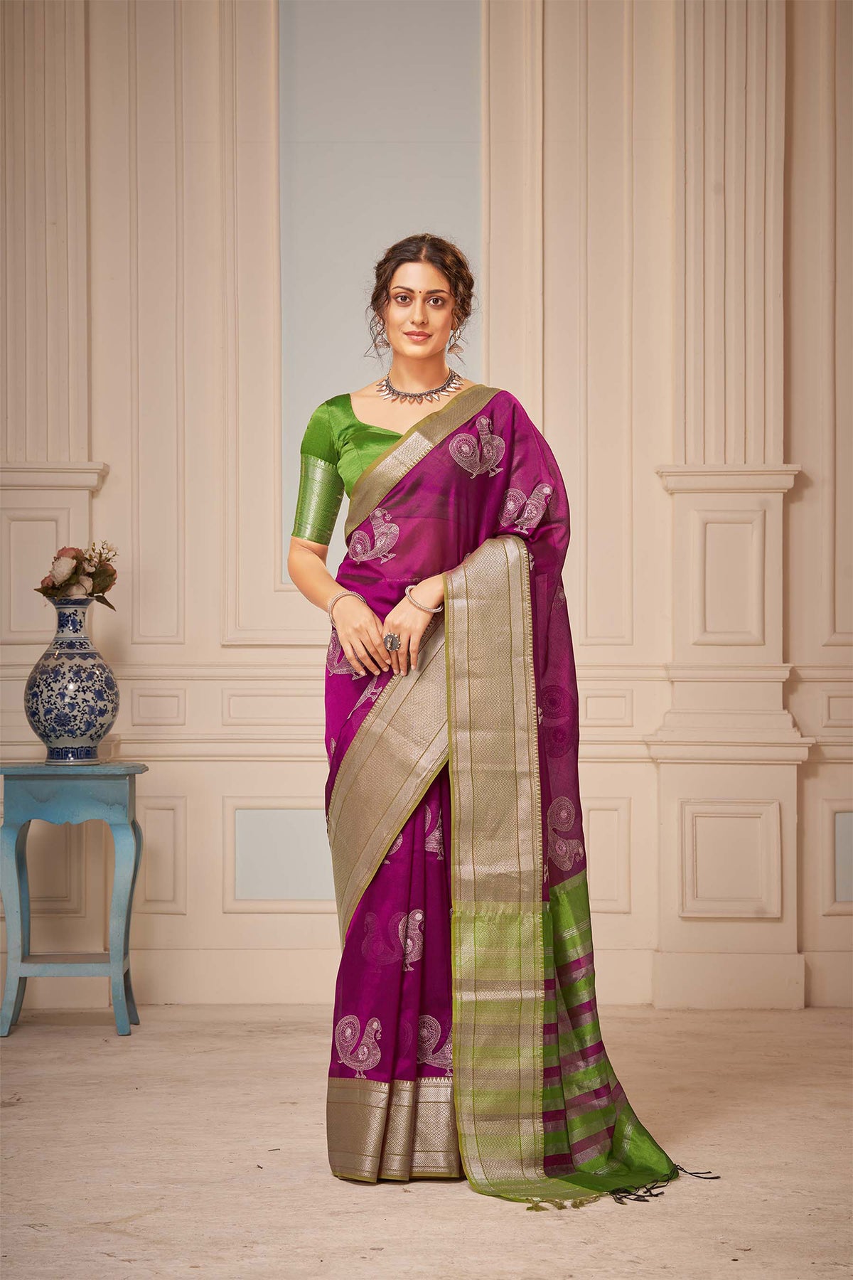 Mangalagiri silk saree with  Peacock design hand embroidered work.