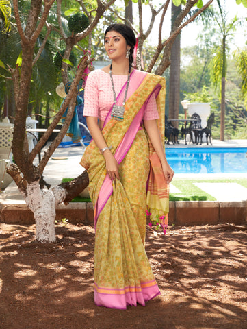 Gadwal Cotton saree in Blonde Green with kalamkari floral print.