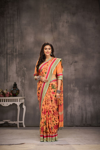 Chettinadu cotton saree in golden Yellow with floral print in the body.