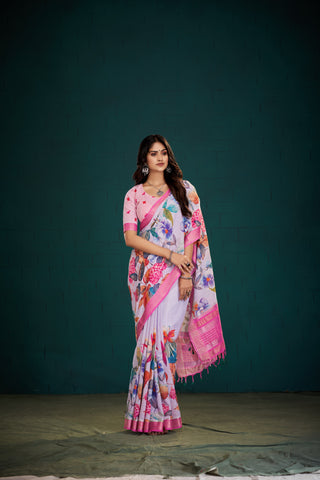 Mangalagiri Cotton saree in Pastel lilac with Color Art Floral Digital print