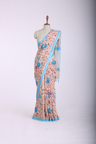 Gadwal Cotton saree in Pastel Pink with kalamkari floral print