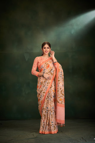 Alikam Khadi-Cotton saree in peach and handprint with floral jaal pattern.