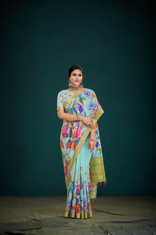 Mangalagiri Cotton saree in Pastel lilac with Color Art Floral Digital print