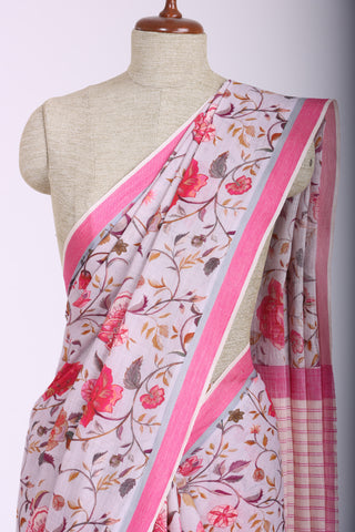 Gadwal Cotton saree in Pastel Pink with kalamkari floral print