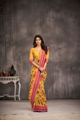 Chettinadu cotton saree in golden Yellow with floral print in the body.