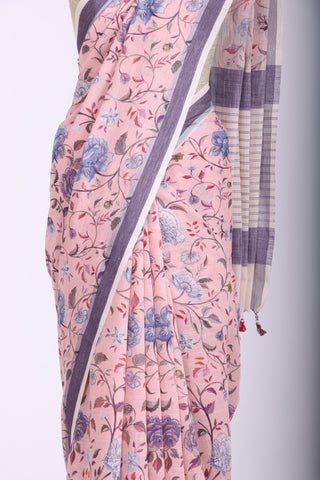 Gadwal Cotton saree in Pastel Pink with kalamkari floral print