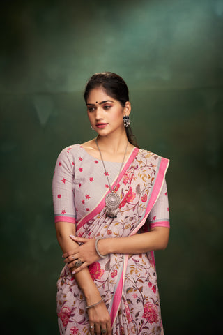 Gadwal Cotton saree in Pastel Pink with kalamkari floral print