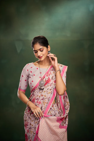 Gadwal Cotton saree in Pastel Pink with kalamkari floral print