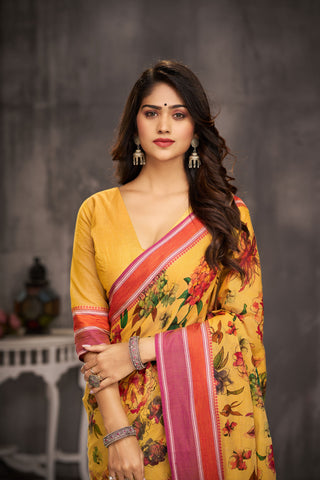 Chettinadu cotton saree in golden Yellow with floral print in the body.