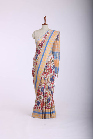 Chettinadu cotton saree in Ivory with Kalamkari print in the body