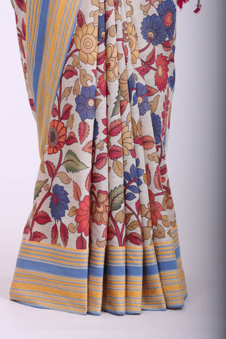 Chettinadu cotton saree in Ivory with Kalamkari print in the body