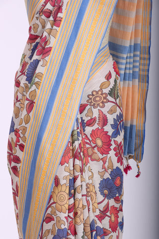 Chettinadu cotton saree in Ivory with Kalamkari print in the body