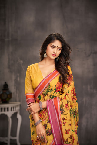 Chettinadu cotton saree in golden Yellow with floral print in the body.