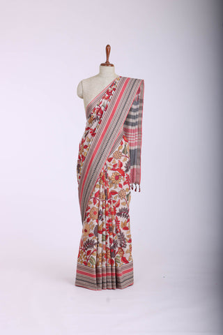 Chettinadu cotton saree in Ivory with Kalamkari print in the body