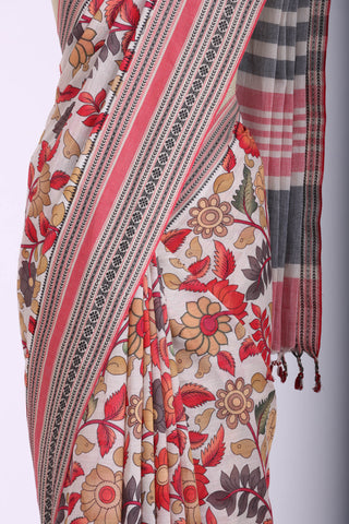 Chettinadu cotton saree in Ivory with Kalamkari print in the body