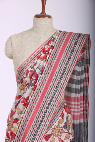 Chettinadu cotton saree in Ivory with Kalamkari print in the body