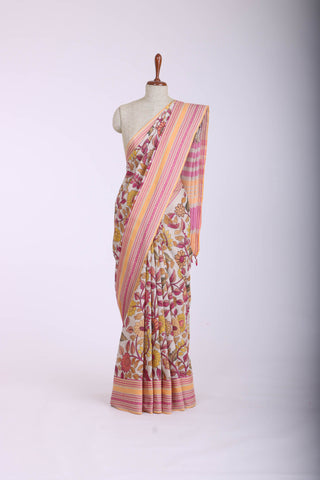 Chettinadu cotton saree in Ivory with Kalamkari print in the body