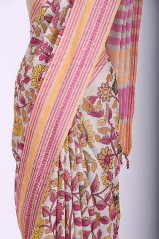 Chettinadu cotton saree in Ivory with Kalamkari print in the body