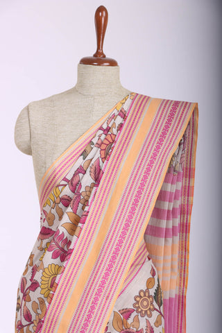 Chettinadu cotton saree in Ivory with Kalamkari print in the body